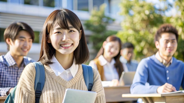 Photo une étudiante japonaise heureuse qui assiste à un cours à l'université et regarde la caméra.