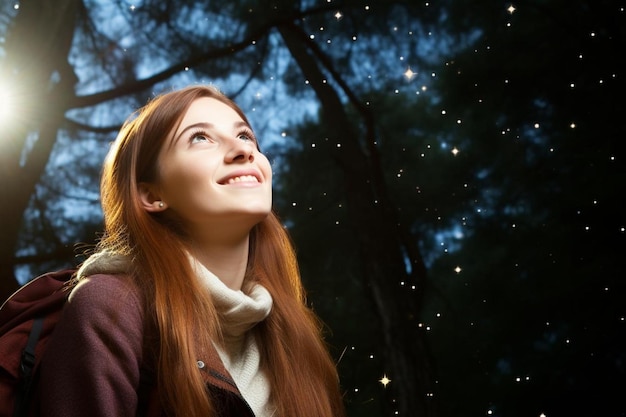 Une étudiante souriante regardant le ciel.