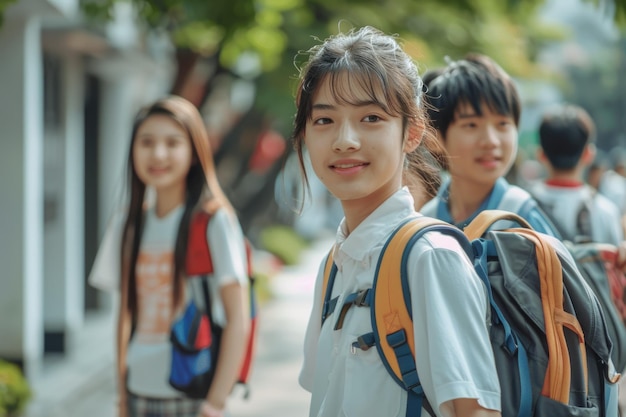 Photo des étudiants adolescents asiatiques se rendant à l'école ensemble en regardant la caméra générée par l'ia