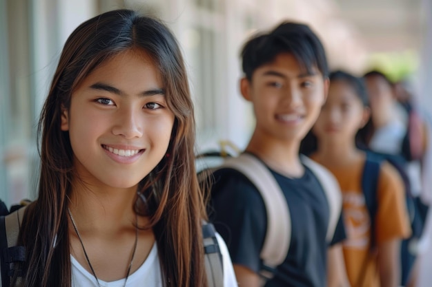 Photo des étudiants adolescents asiatiques se rendant à l'école ensemble en regardant la caméra générée par l'ia