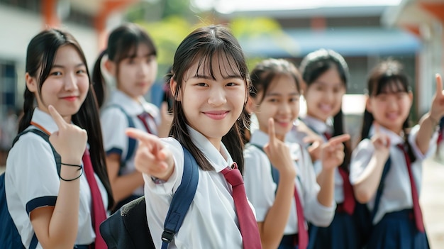 Photo des étudiants asiatiques heureux en uniforme montrent du doigt