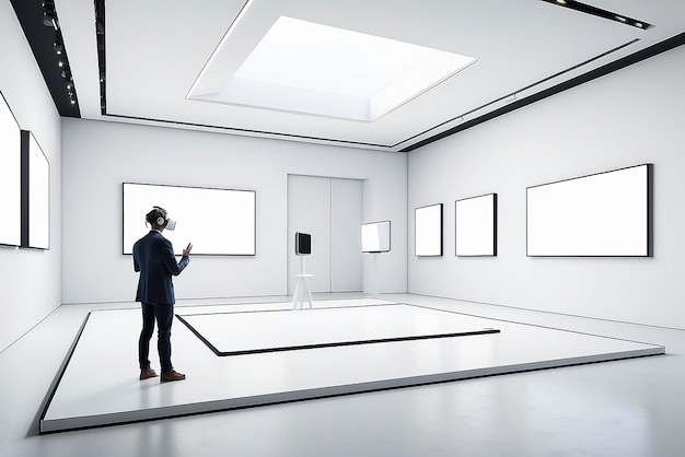 Expérience d'enchères d'art en réalité virtuelle dans une maquette de galerie futuriste avec un espace blanc vide pour placer votre conception