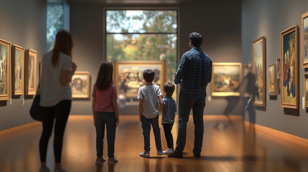 Photo familles examinant l'art de leurs enfants dans la galerie