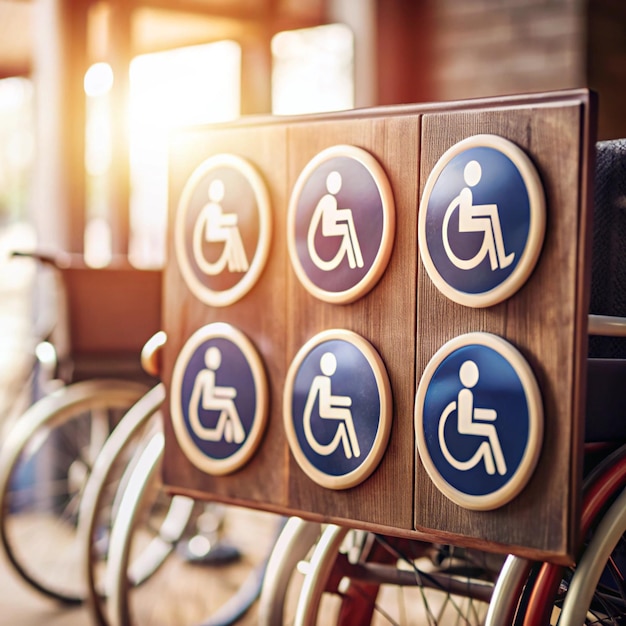 Photo fauteuil roulant avec des jouets indiquant différents handicaps sur fond bleu