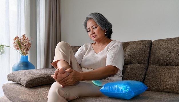 Photo une femme d'âge moyen assise sur un canapé avec ses pieds sur un oreiller