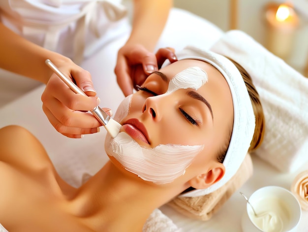 Photo une femme allongée avec une serviette et les yeux fermés reçoit un traitement du visage, un masque ou un massage dans un salon de beauté