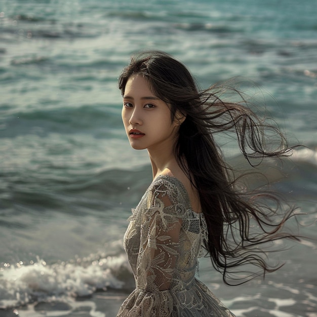 Photo femme araffe dans une robe debout sur la plage près de l'océan générative ai