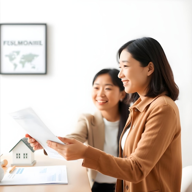 Photo une femme asiatique pointant une petite maison.