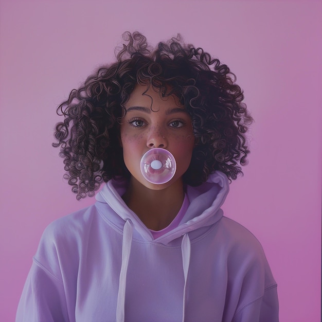 une femme aux cheveux bouclés portant un hoodie violet avec une bulle au milieu