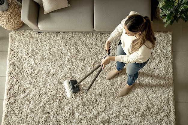 Photo une femme balayant le tapis avec un balai sur le sol