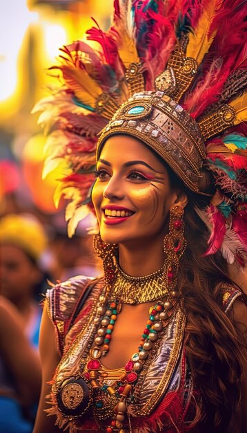 Une femme en costume avec une coiffe de plumes et une lumière jaune vif.