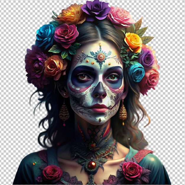 une femme avec un crâne mexicain expression effrayée La Catrina avec des roses