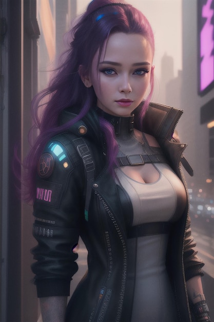 Une femme cyberpunk avec des cheveux violets et une robe noire se tient dans une rue avec des néons