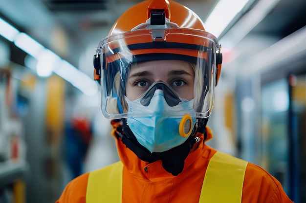 Photo femme dans un casque et un masque de costume de protection regardant la caméra dans un fond flou