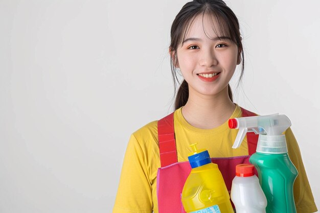 Photo une femme dans un tablier avec une bouteille de spray d'une femme de ménage plus propre sur un fond blanc