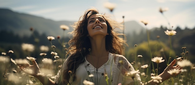 Femme debout dehors dans une belle prairie avec ses bras élevés