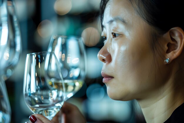 Photo une femme dégustant du vin blanc en gros plan du visage et du verre