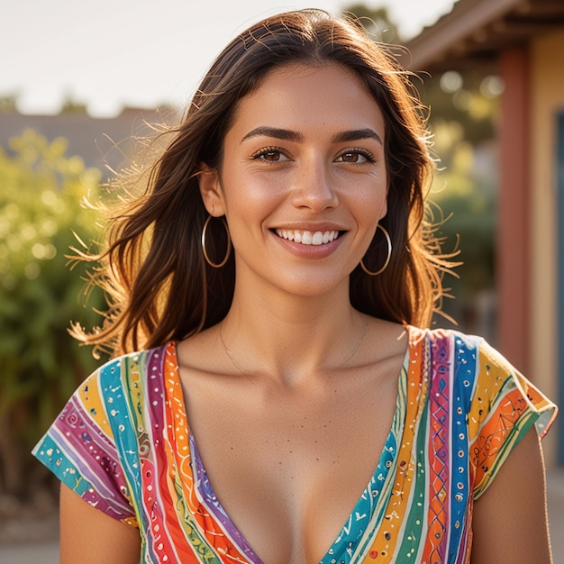 Photo une femme élégante et souriante aux yeux brillants représente la diversité mondiale.