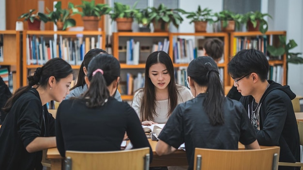 Photo une femme est assise dans une bibliothèque avec d'autres étudiants