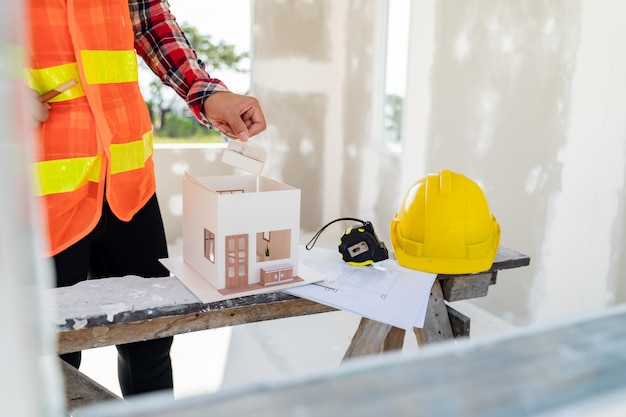 Femme d'ingénierie et d'architecte travaillant avec un modèle de maison sur le site de la propriété de construction.