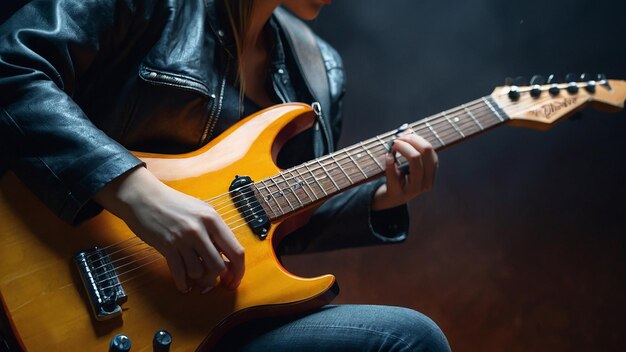 Photo une femme jouant de la guitare avec une veste en cuir