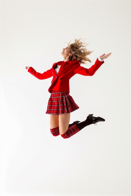 Photo une femme avec une jupe et une jupe rouges saute en l'air.