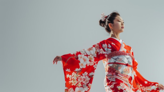 Photo une femme en kimono avec des fleurs sur la tête