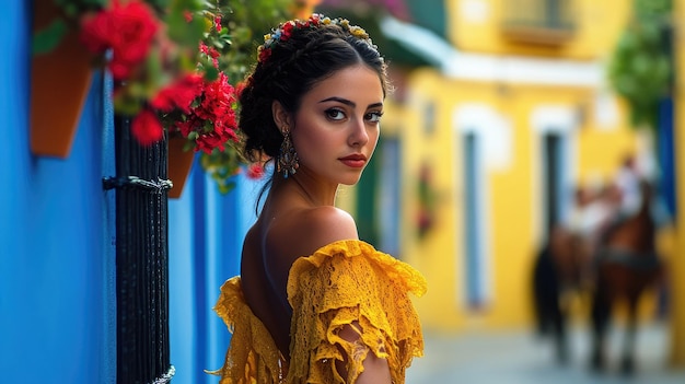 Photo une femme latine en robe jaune se tient sur une rue colorée avec des fleurs.