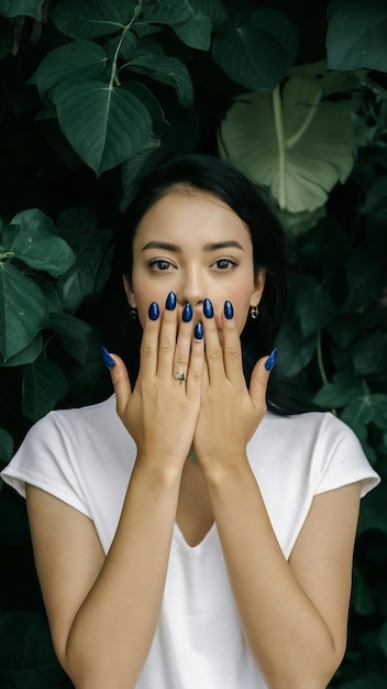 Photo une femme montre son art sur les doigts contre une feuille de monstre.