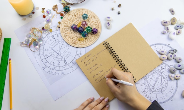 Photo une femme numérologue astrologue compte les nombres focus sélectif