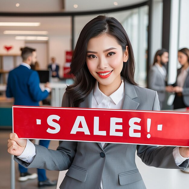 Photo une femme avec un panneau rouge qui dit ventes