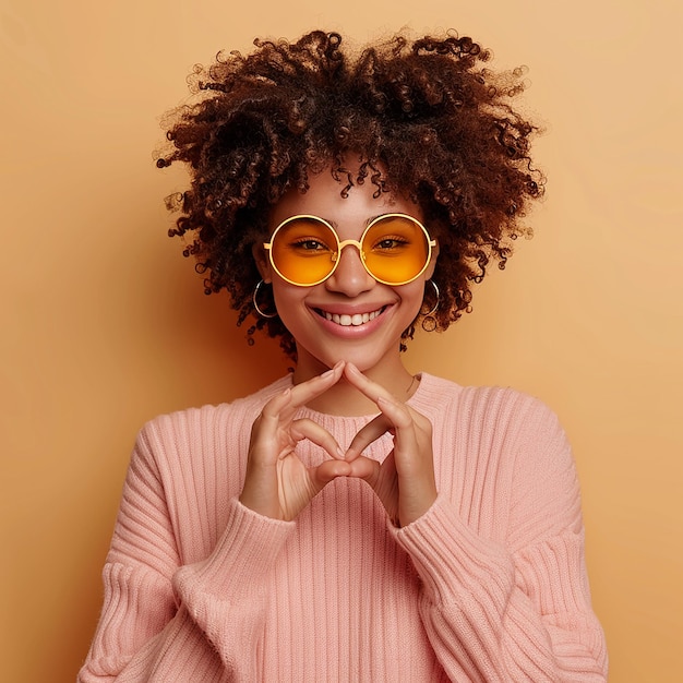 une femme portant un pull rose avec un cadre en forme de cœur et portant des lunettes en forme de coeur