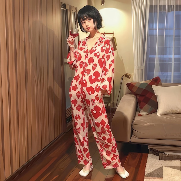 Photo une femme portant un pyjama à imprimé de cœur rouge et blanc capturé magnifiquement