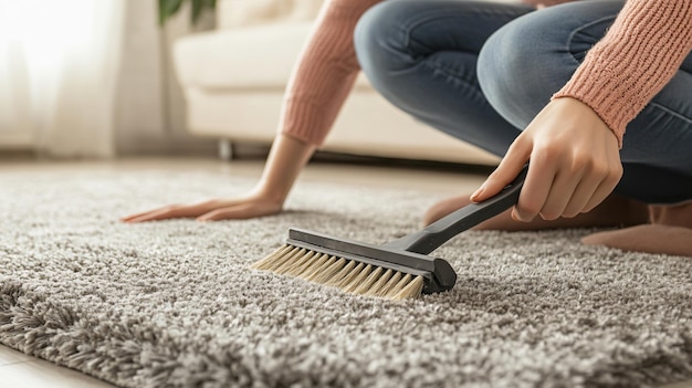 Photo une femme professionnelle nettoie le tapis avec une brosse dans le salon en gros plan