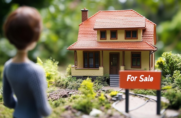 Photo une femme regardant une maison avec un panneau disant à vendre