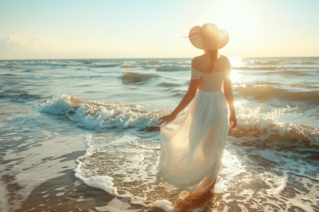 Photo femme en robe blanche avec chapeau de paille debout