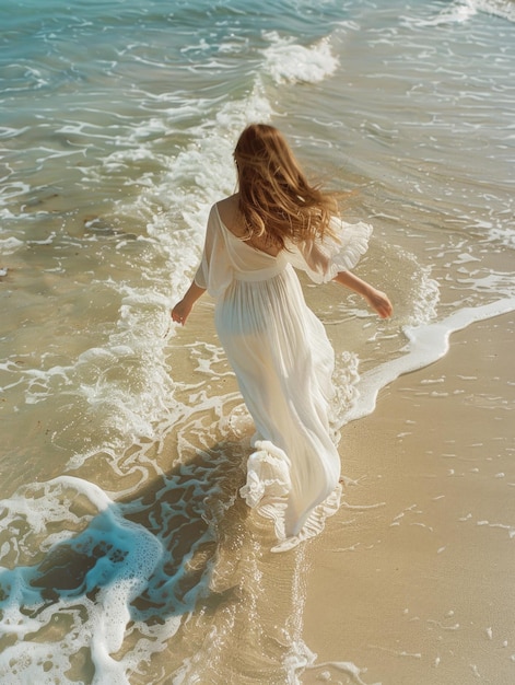 Photo une femme en robe blanche se promène sur la plage.