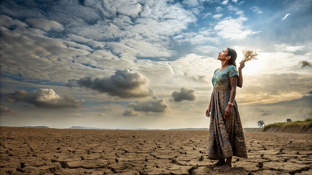 Photo une femme se tient dans un désert avec un fond de ciel