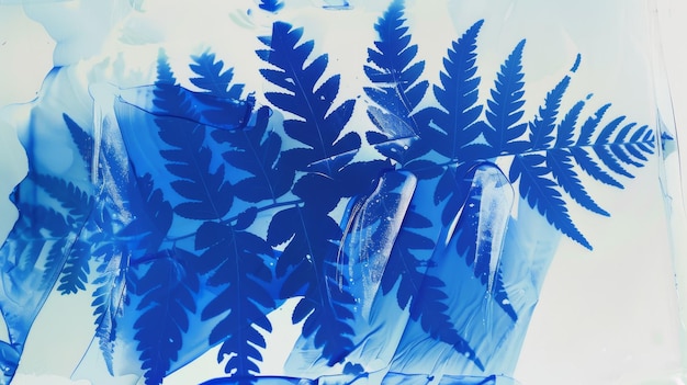 Photo les feuilles de fougère bleue abstrait cyanotype print arrière-plan