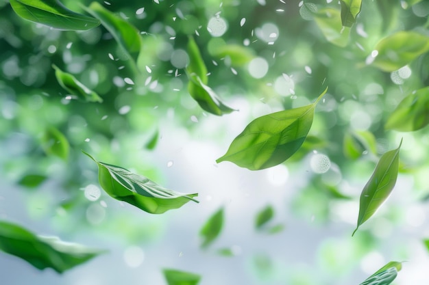 Photo des feuilles vertes flottantes en mouvement sur un fond vert clair créant une scène naturelle fraîche et dynamique