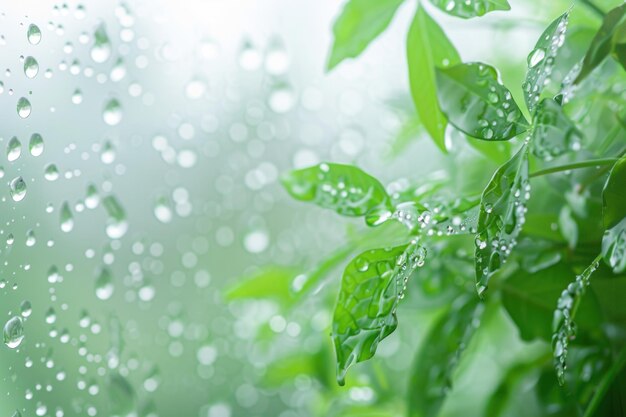 Photo feuilles vertes avec des gouttelettes d'eau sur la fenêtre de verre pendant la journée de pluie