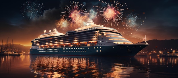 Des feux d'artifice s'allument dans le ciel nocturne au-dessus d'un bateau de croisière