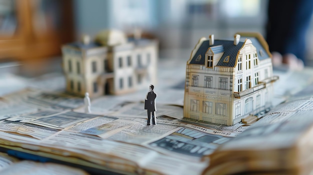 Photo une figurine miniature se tient entre deux maisons modèles sur le dessus d'un journal