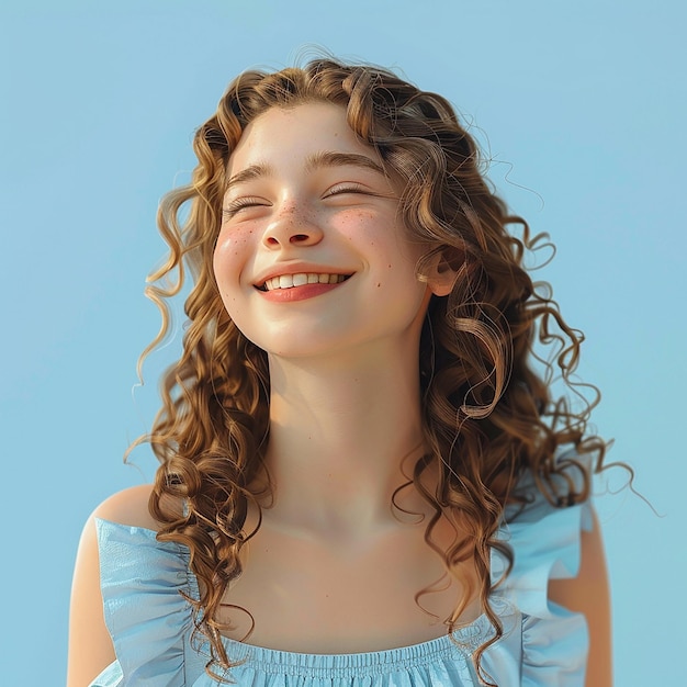 une fille aux cheveux bouclés et un haut bleu est souriante