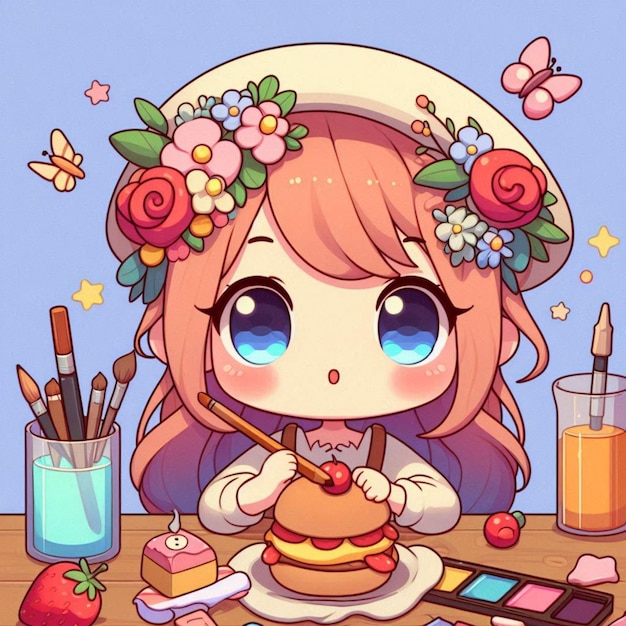 Photo une fille avec une couronne de fleurs sur la tête est assise sur une table avec une bouteille de jus d'orange et une bouteelle de