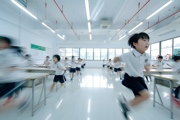 Photo une fille court dans une salle de classe avec un panneau disant 