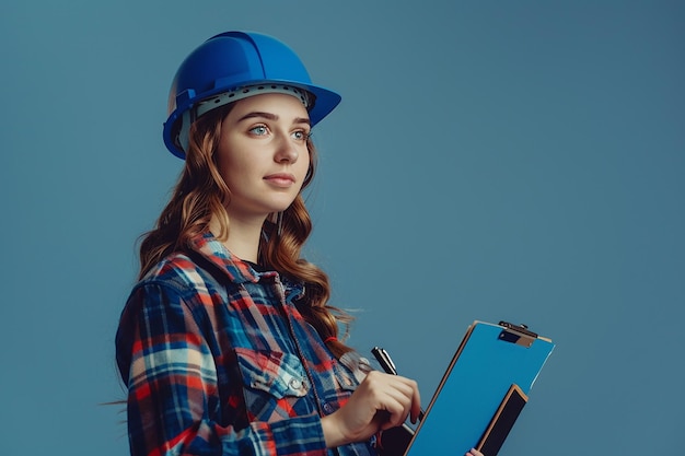 une fille dans un chapeau bleu tient un stylo et un dossier bleu