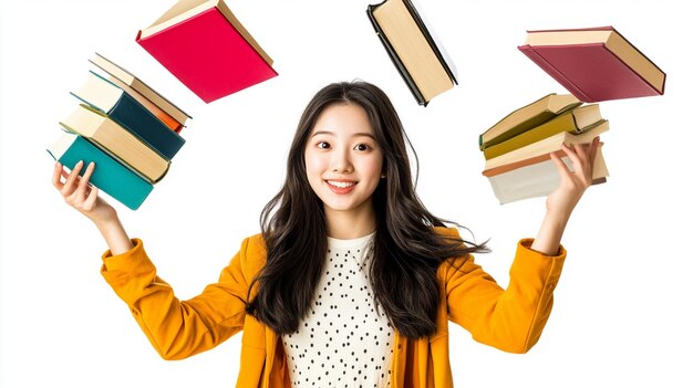 Photo une fille avec un livre sur la tête jette des livres