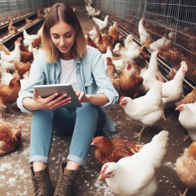 une fille qui écrit sur une tablette dans une ferme