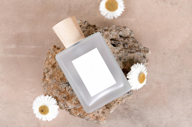 Flacon de parfum transparent avec étiquettes blanches sur podium en pierre sur fond de terre cuite beige avec fleur sèche Vue de dessus